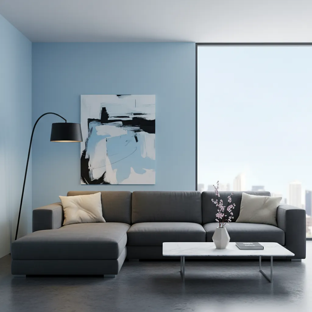 modern interior with sky blue wall and charcoal furniture contrast