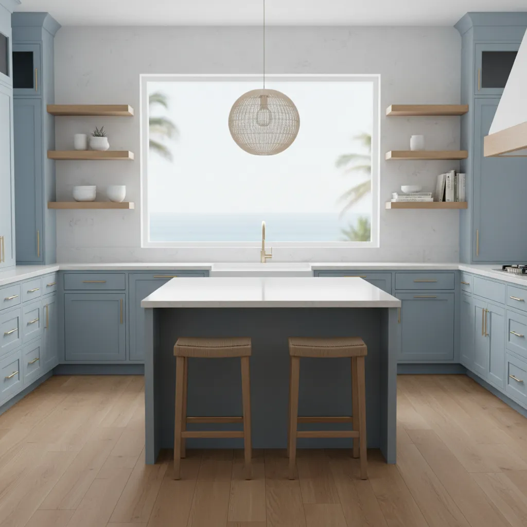 Bright kitchen with sky blue cabinets and natural light