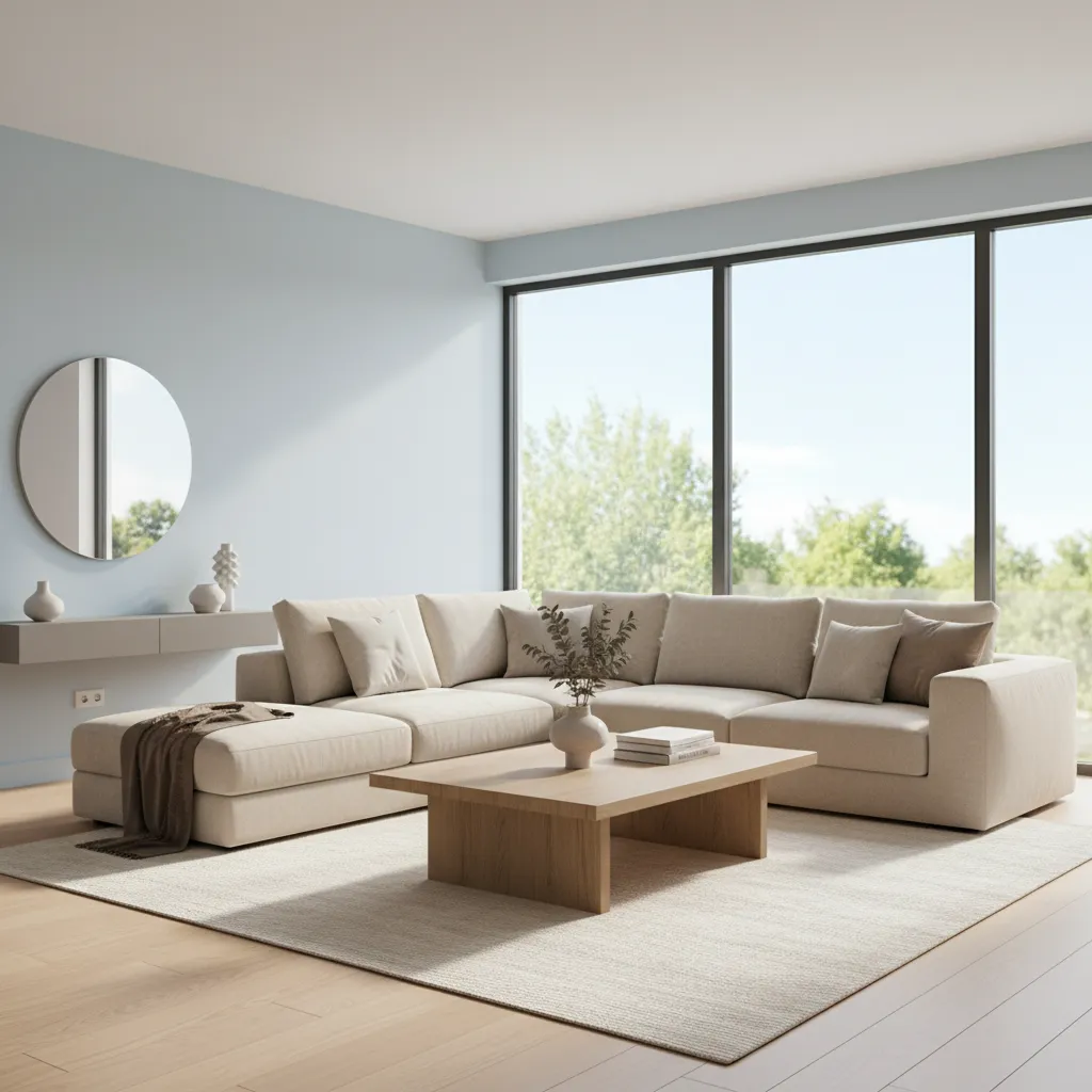 living room with sky blue walls beige sofa and warm neutral palette