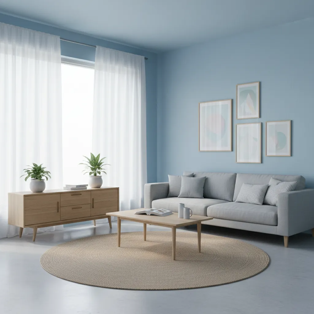Light blue living room with airy white curtains and bright natural lighting