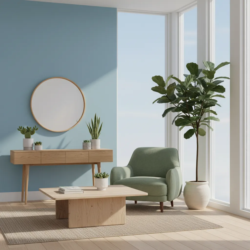room with sky blue walls sage green accents and natural wood textures