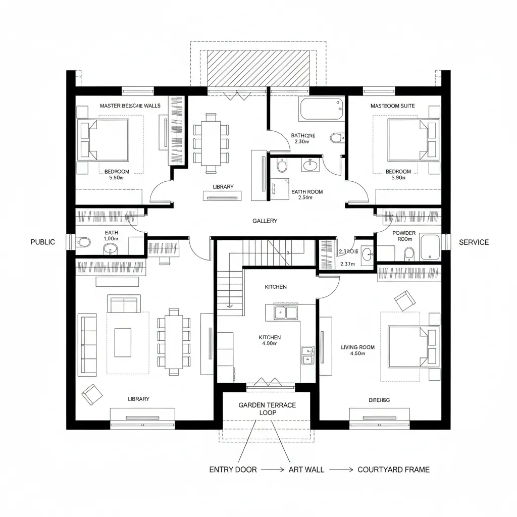 Modern apartment room layout with bedrooms kitchen living areas bathroom and a central gallery floor plan