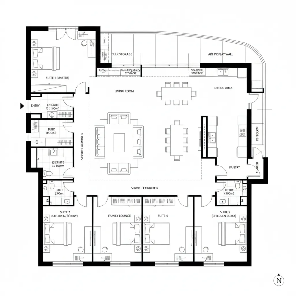 Top-down CAD plan showing a central sky lobby spine with living–dining ring and five bedroom node suites.