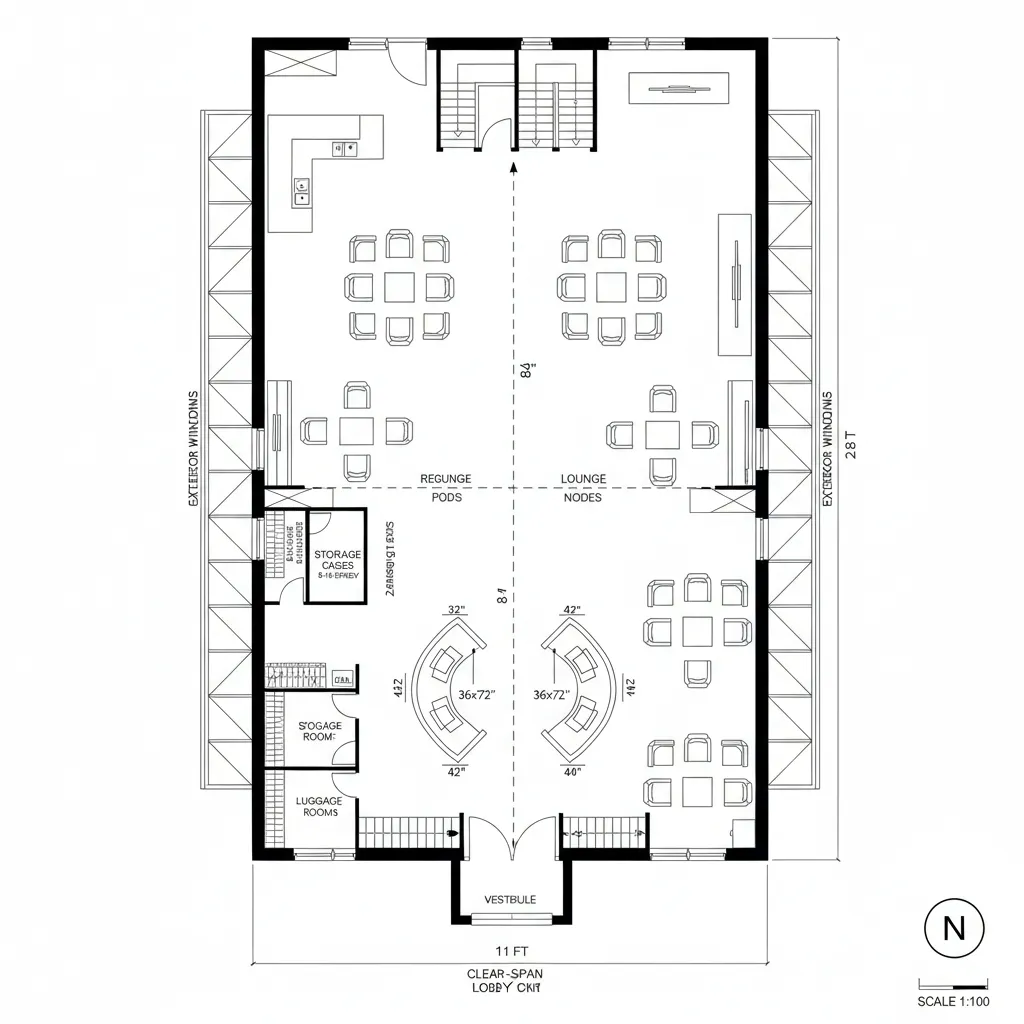 Room layout for a spacious lobby area with multiple seating zones and a central open hallway