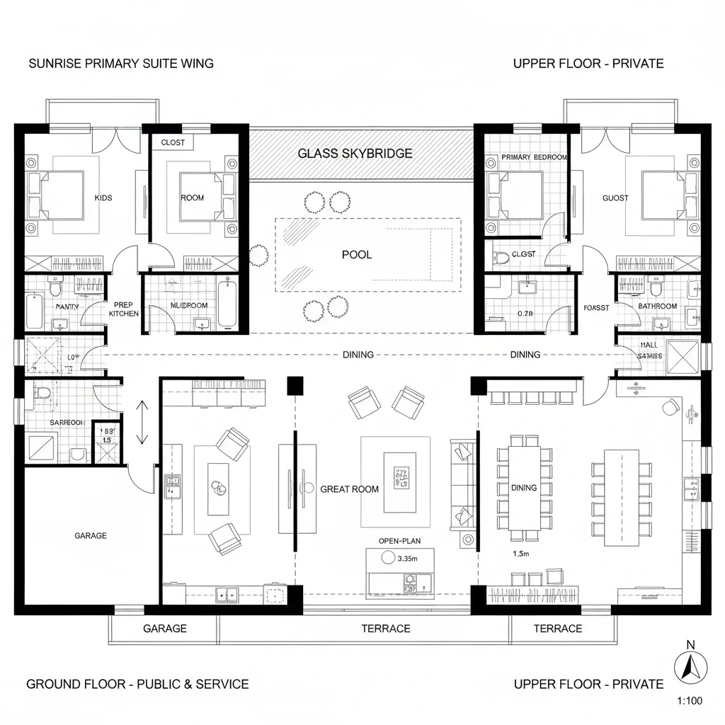Detailed house floor plan drawing with open plan living area dining room garage and outdoor pool