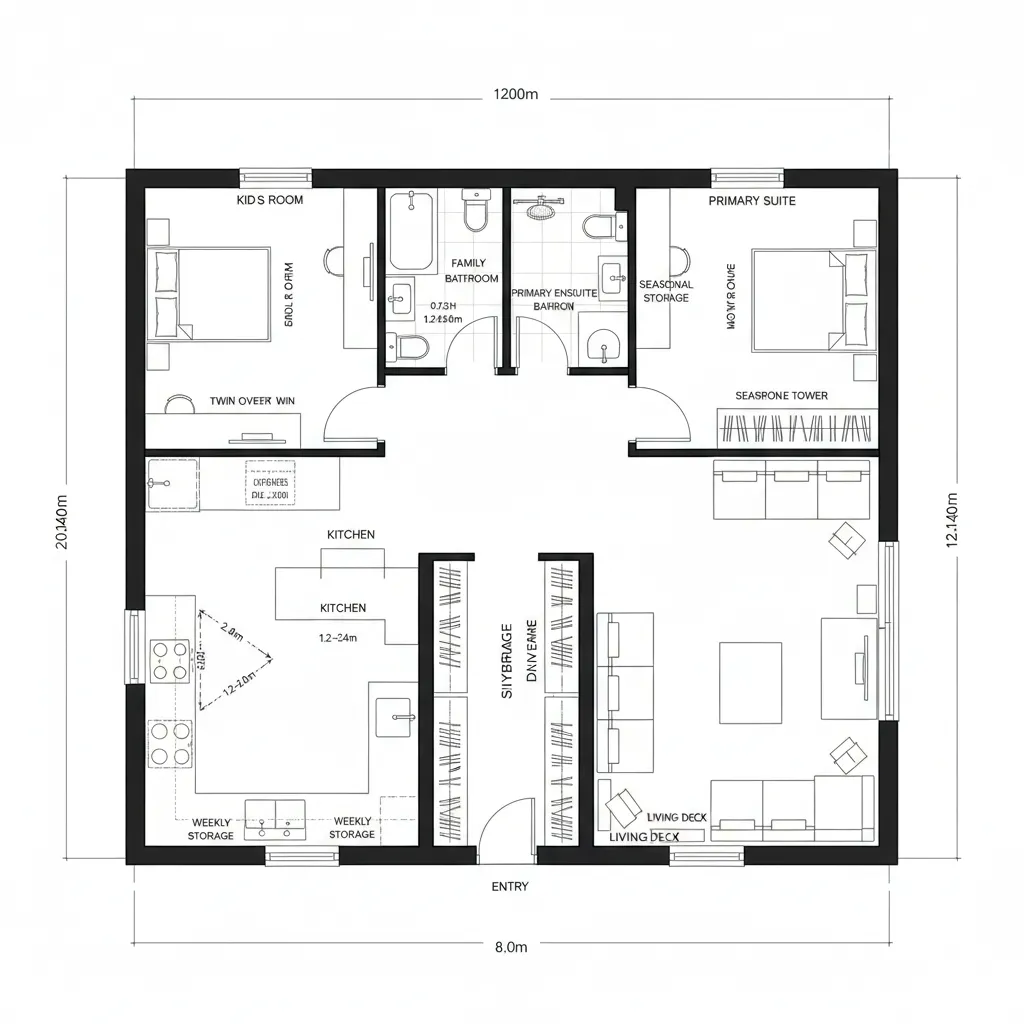 Two-bedroom plan with central skybridge spine connecting kitchen, living deck, and private ports.