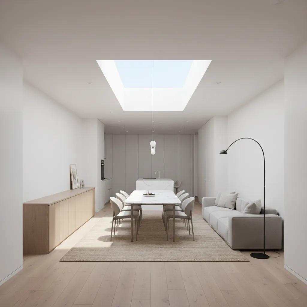 narrow house interior with skylight bringing daylight into center space