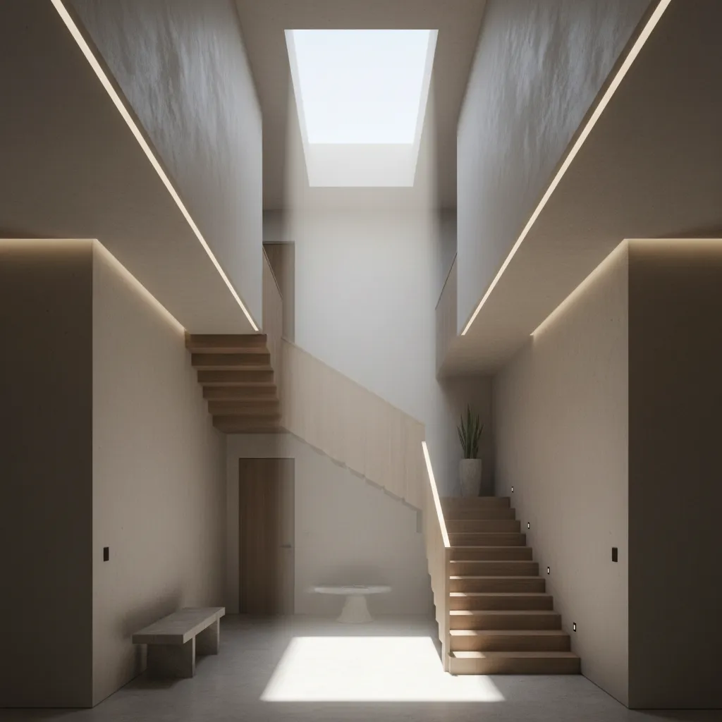 narrow house interior with skylight and stairwell bringing daylight inside