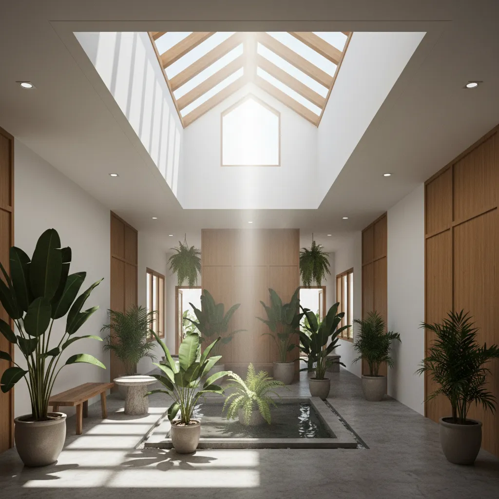 Sunlit indoor courtyard featuring a roof window green potted plants and a small water pond