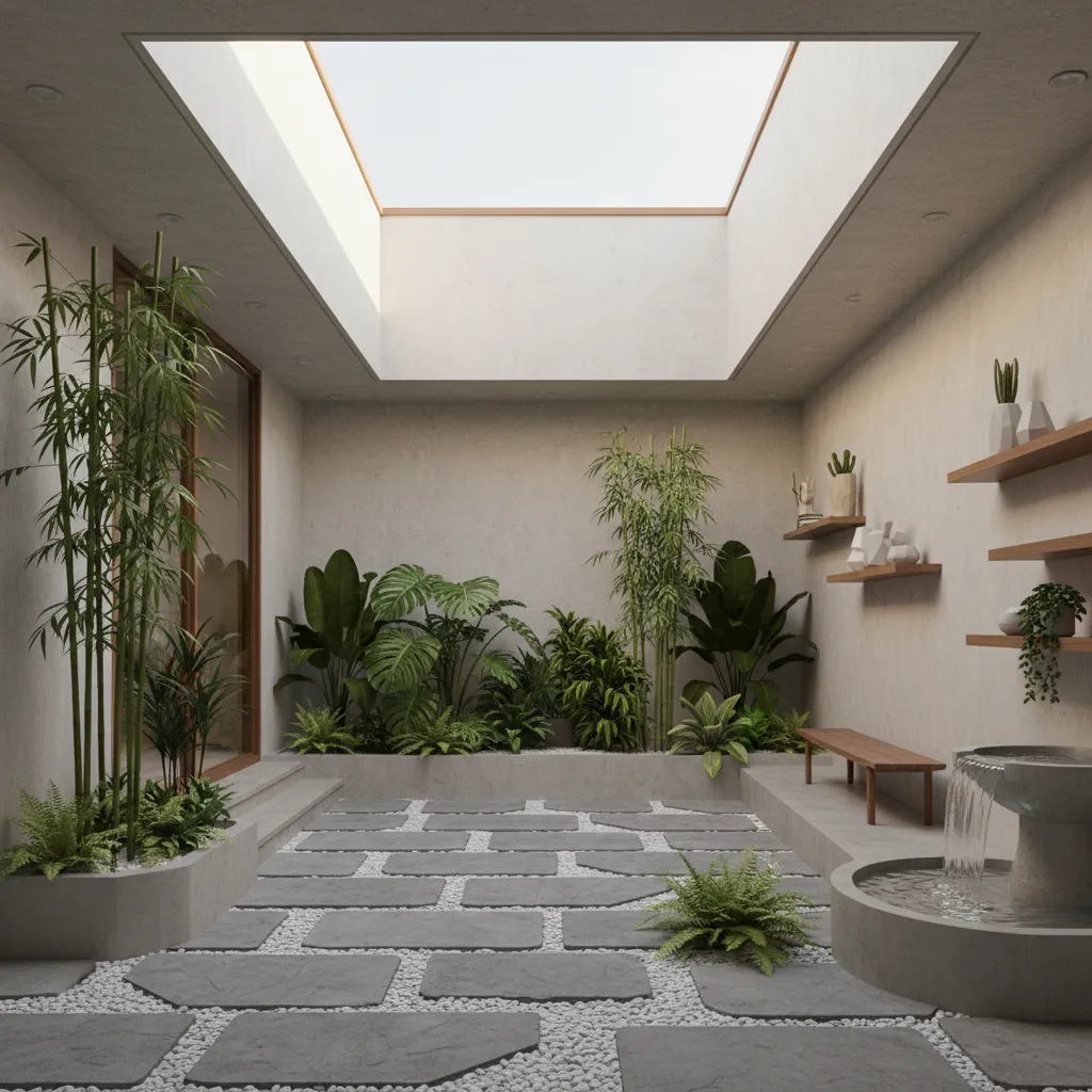 Modern indoor garden with square roof window green plants stone floor tiles and water fountain