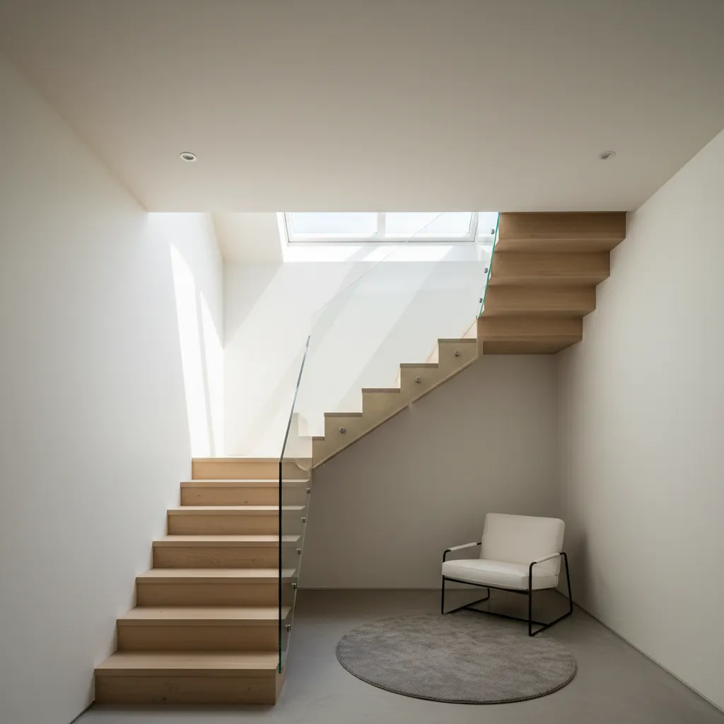 Modern wooden stairs with glass railing roof window white armchair round rug and clean walls