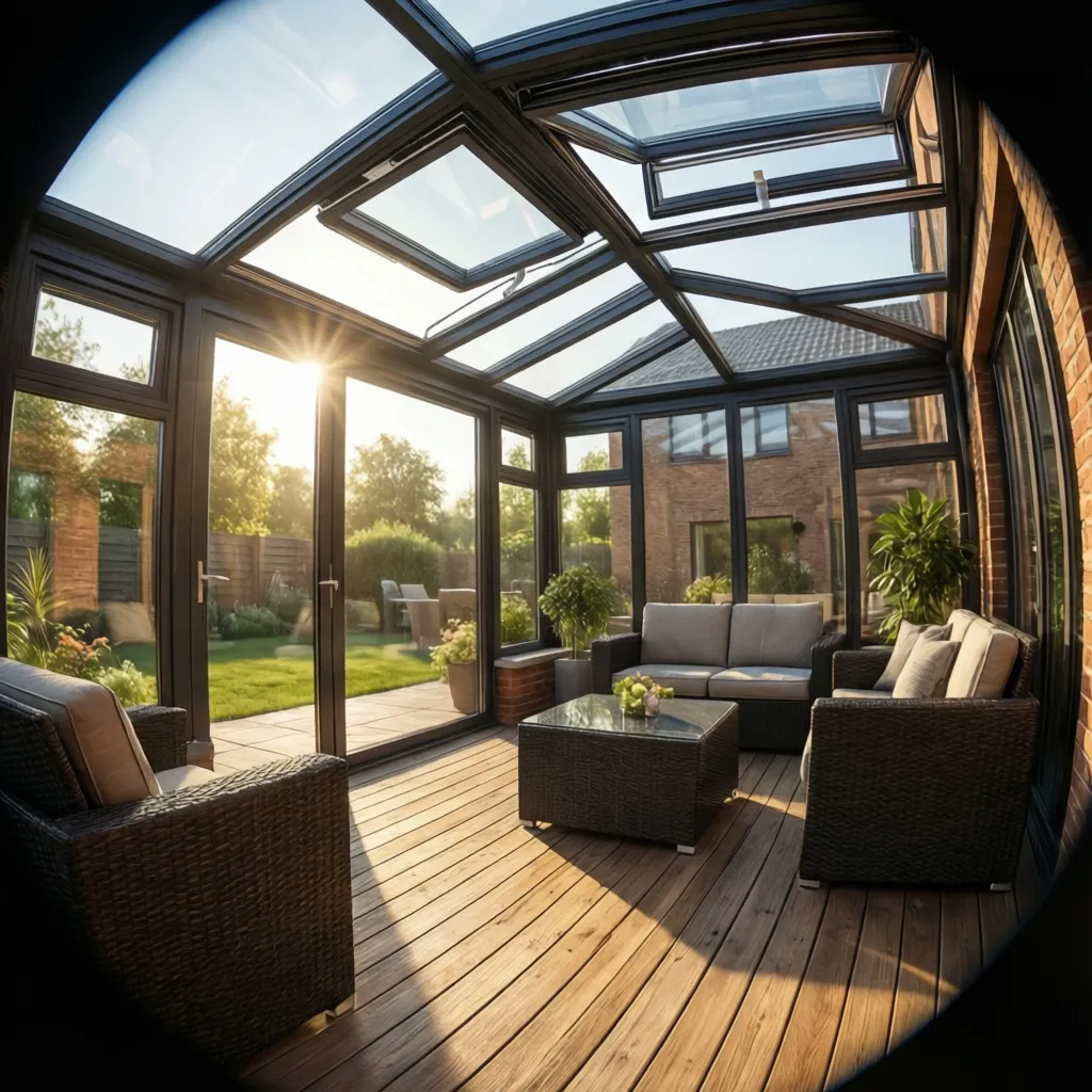glass patio enclosure with operable skylight roof ventilation