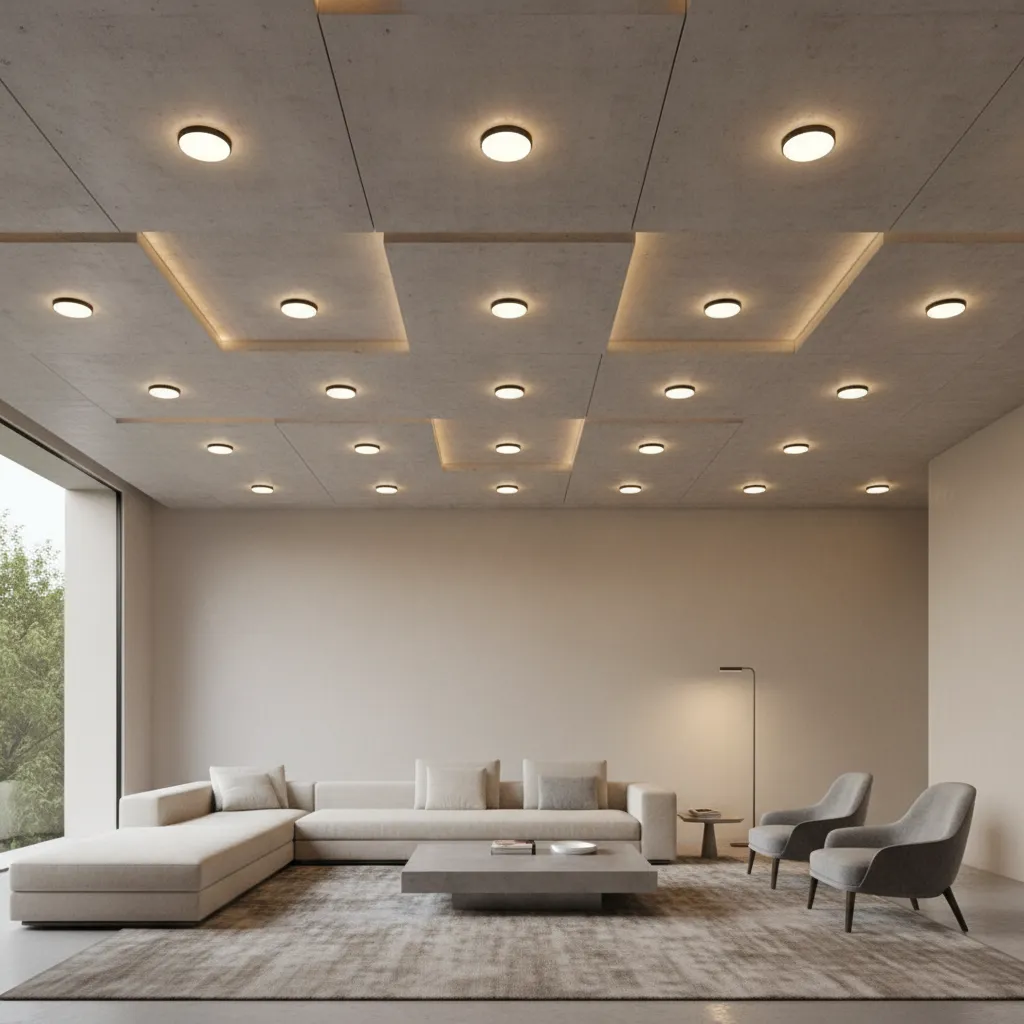 Hall interior with geometric slab ceiling and evenly spaced recessed lighting