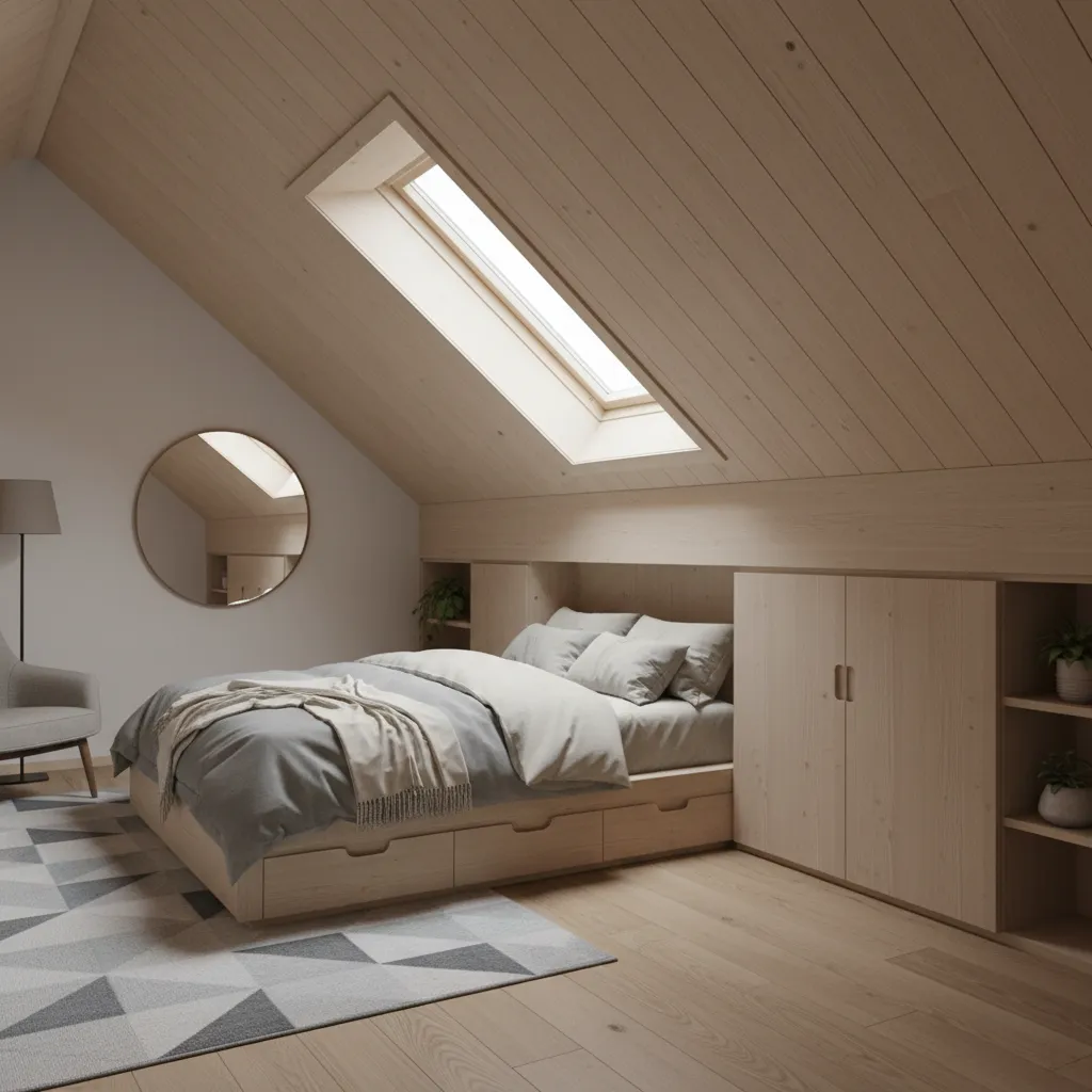 Bedroom with slanted ceiling using low furniture and built in storage