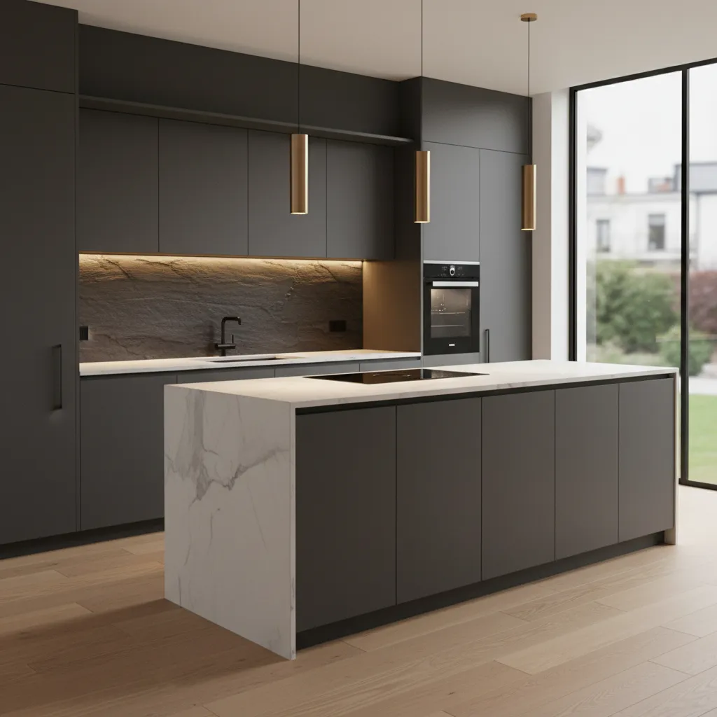 dark slate textured kitchen backsplash