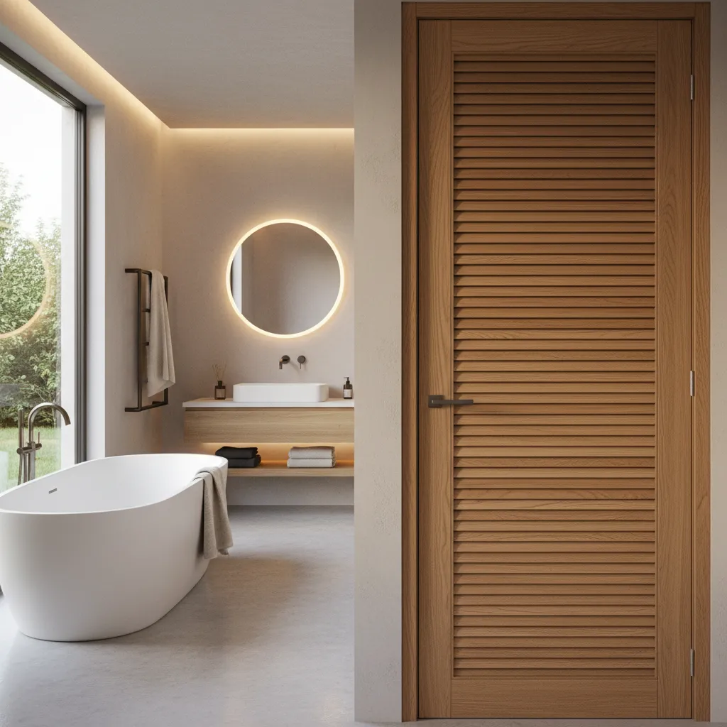 slatted wooden bathroom door design with ventilation panels