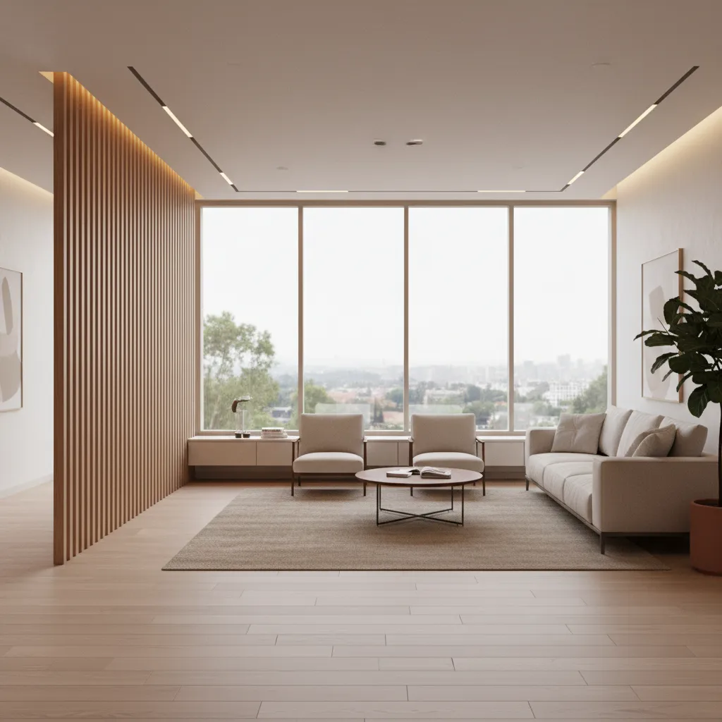 Vertical slat partition keeping living room visually open