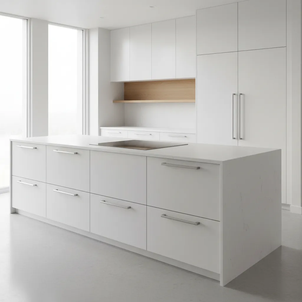 Modern kitchen cabinets with long stainless steel bar pull handles