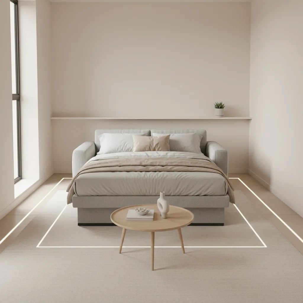 Sleeper sofa fully opened into a bed showing clearance in a small living room