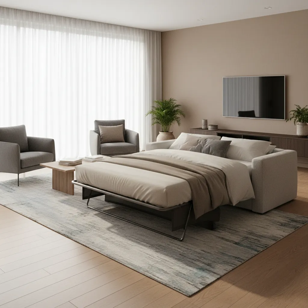 Sleeper sofa pulled open showing fold out bed mechanism