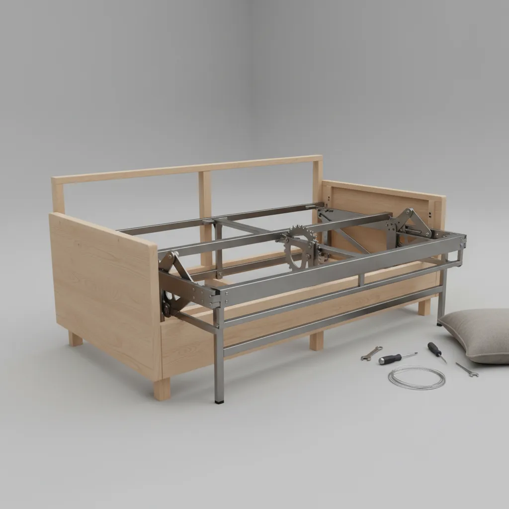 Metal sleeper sofa frame and folding mechanism exposed for troubleshooting