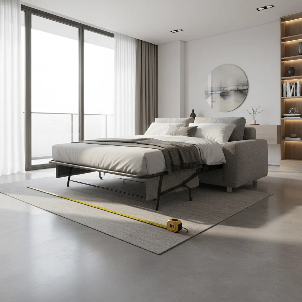 living room showing sleeper sofa fully opened with clearance space