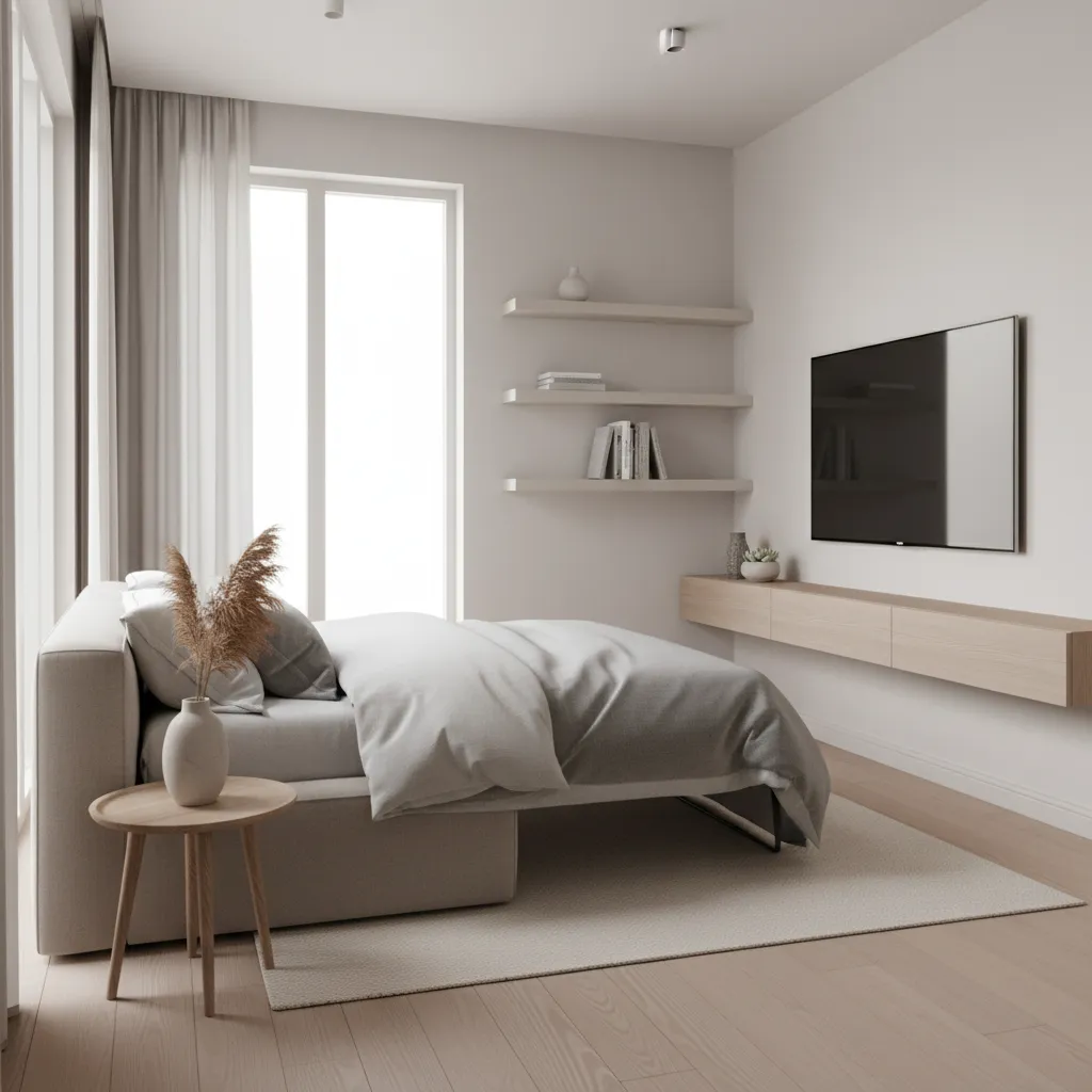 Sleeper sofa opened in a small modern living room showing guest sleeping setup