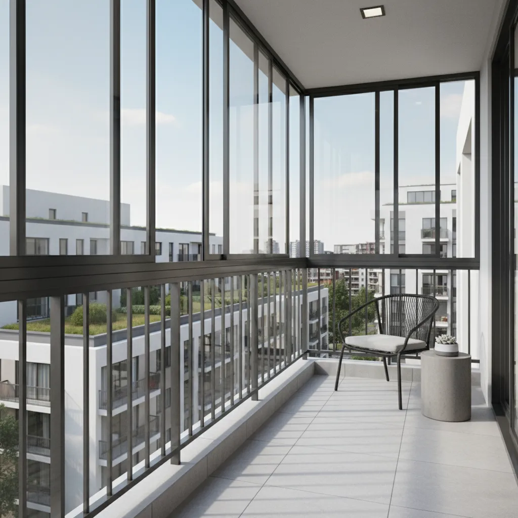 Sliding aluminium balcony window system in a compact apartment balcony