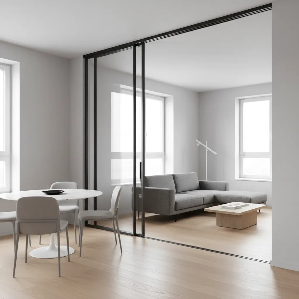 sliding aluminium glass partition separating dining and living area