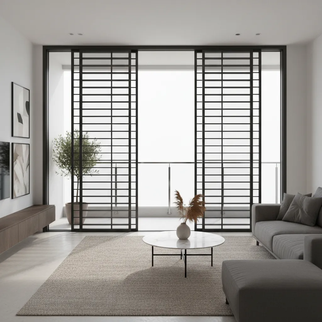 sliding balcony doors with sliding steel security grill system