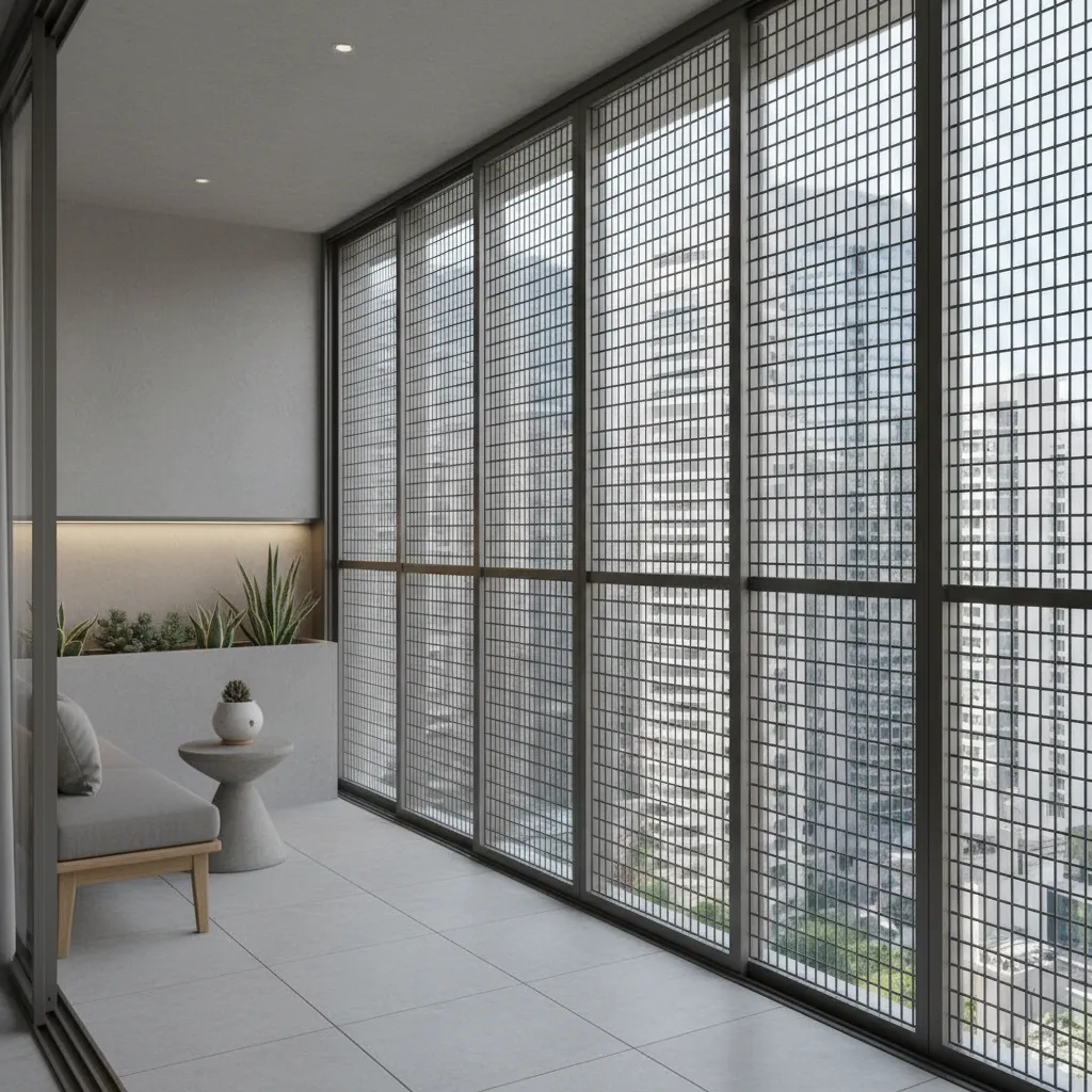 Sliding metal grill system installed on a small apartment balcony