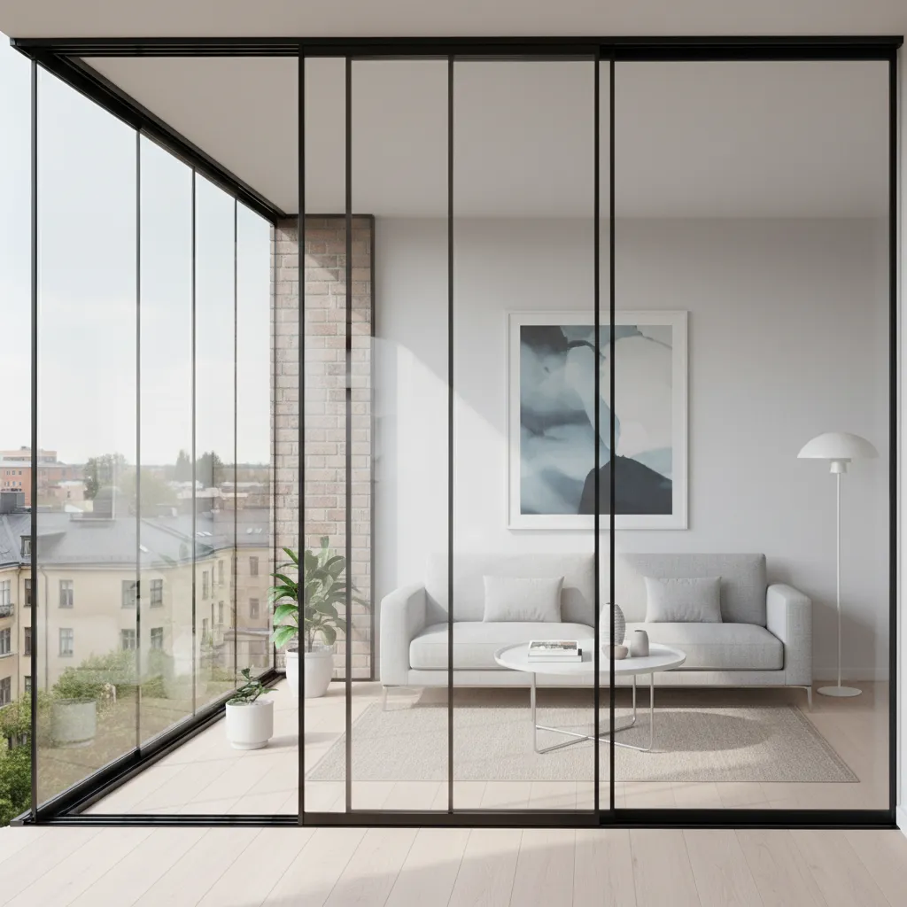 modern sliding glass balcony window system in small apartment