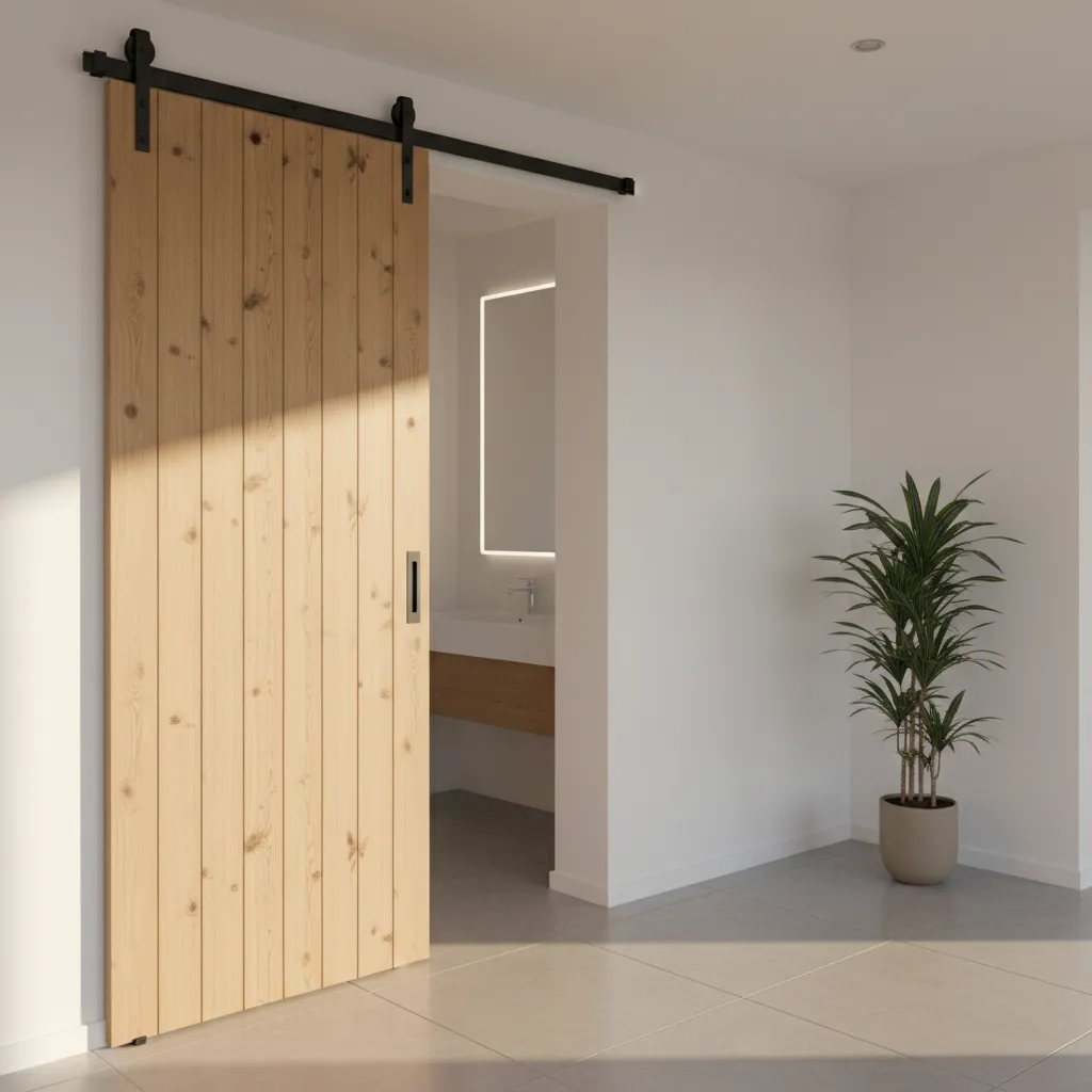 small bathroom entrance with modern sliding barn door