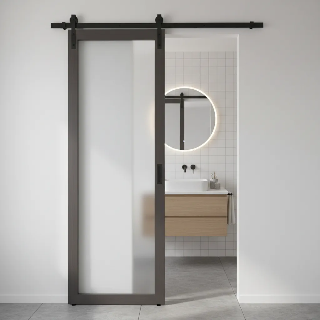 traditional sliding barn door mounted on rail beside small bathroom entrance