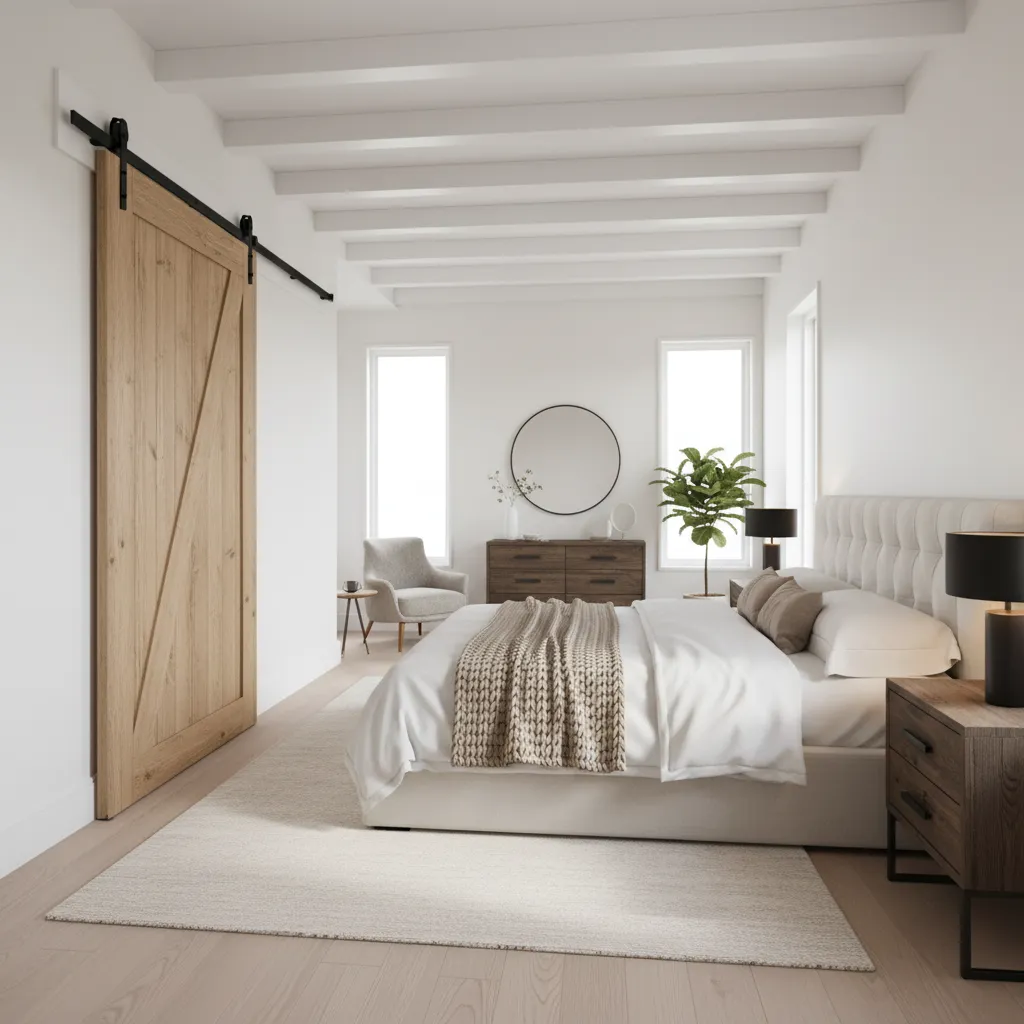 Modern sliding barn door mounted on metal rail in bedroom interior
