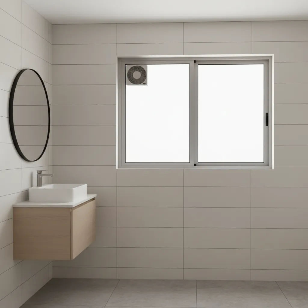 Sliding bathroom window with exhaust fan installed on fixed panel