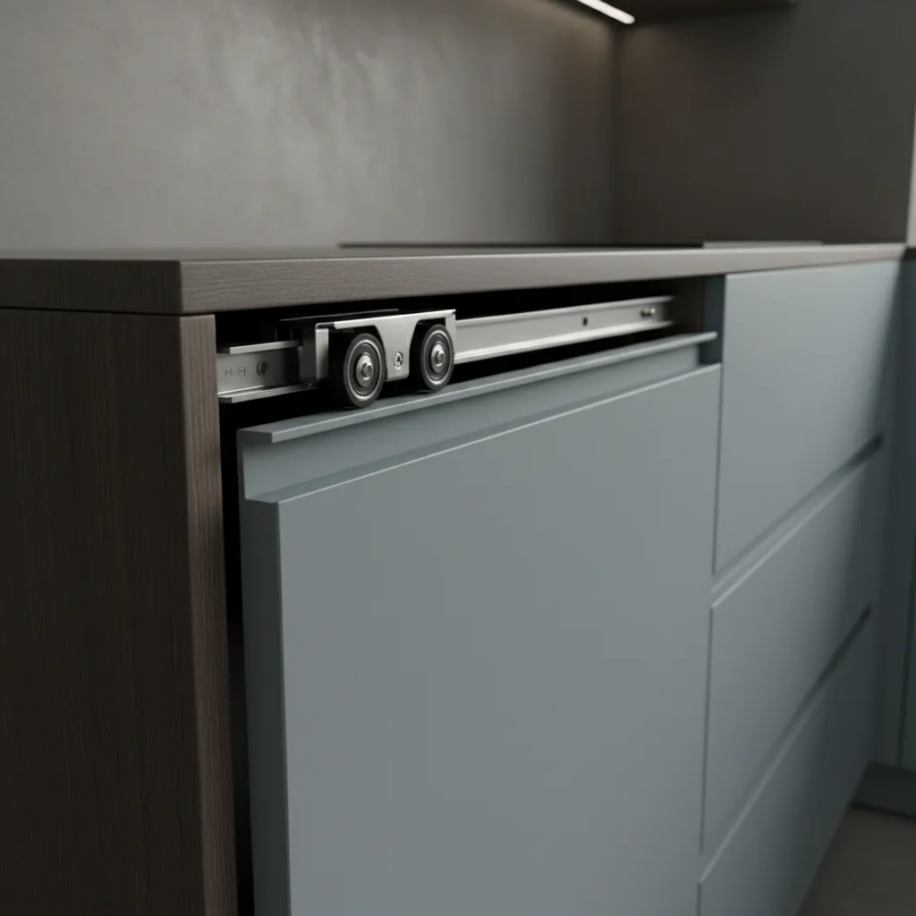 Close-up of kitchen cabinet sliding door track with roller mechanism