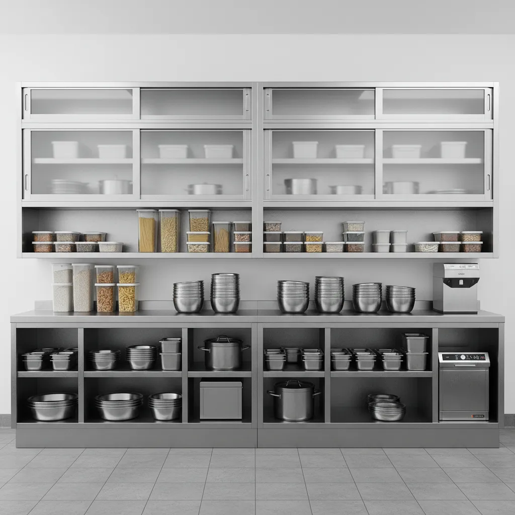 Restaurant kitchen storage wall with sliding cabinet doors