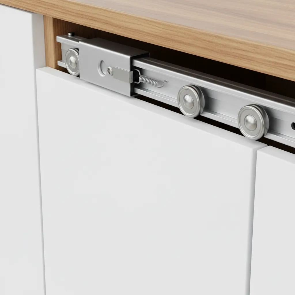 Close view of sliding cabinet door track and roller hardware system