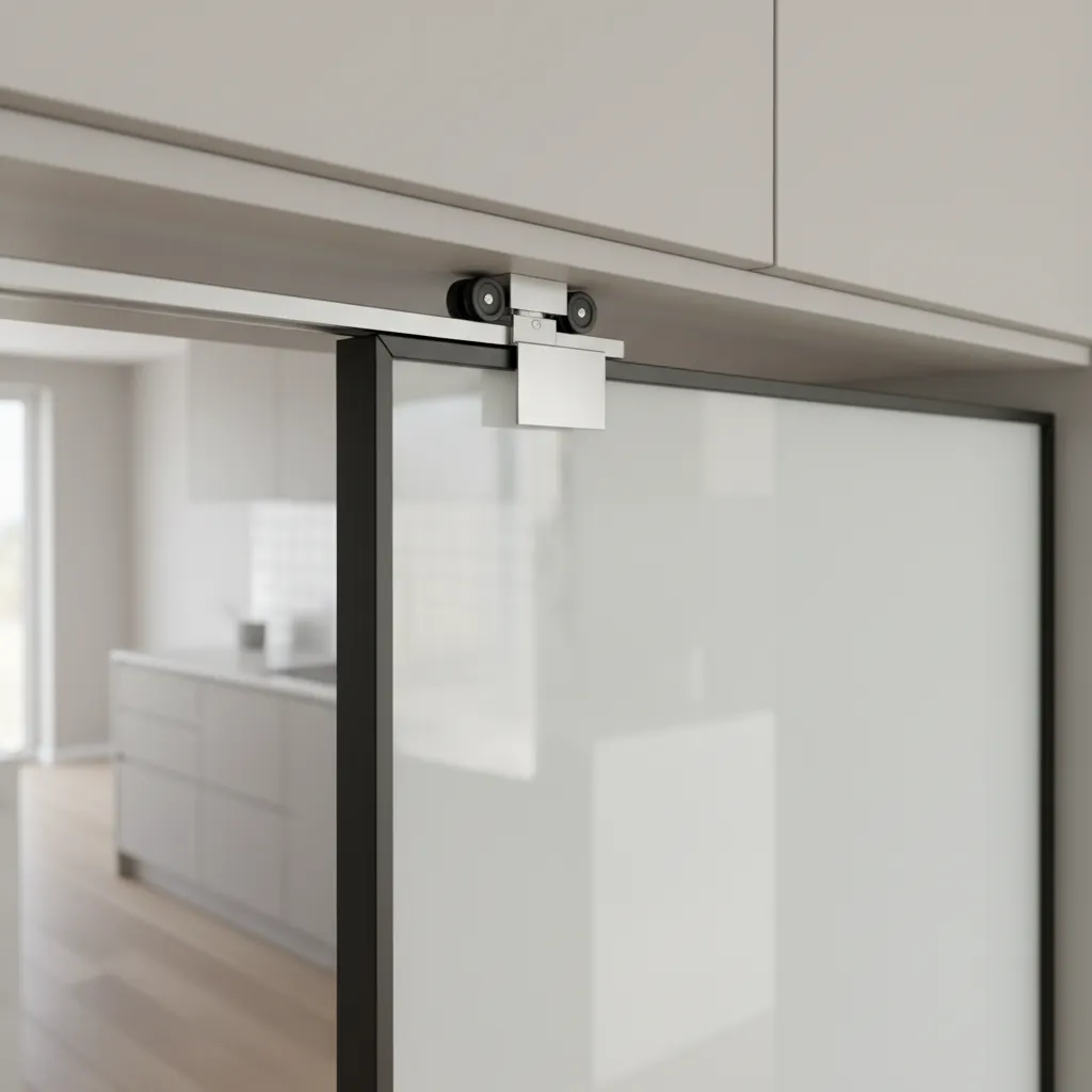Close view of sliding kitchen cabinet door track and roller hardware