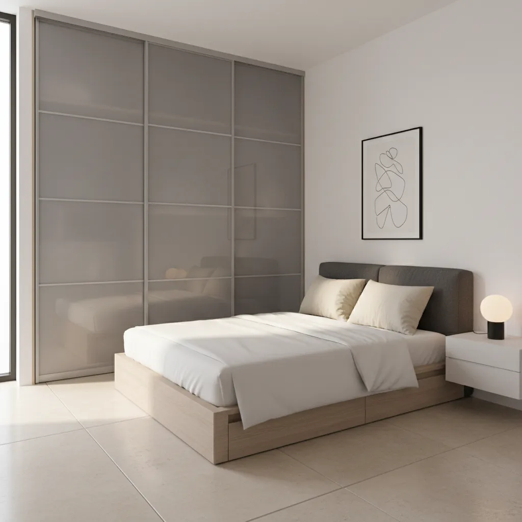 Small bedroom with sliding wardrobe doors saving floor space