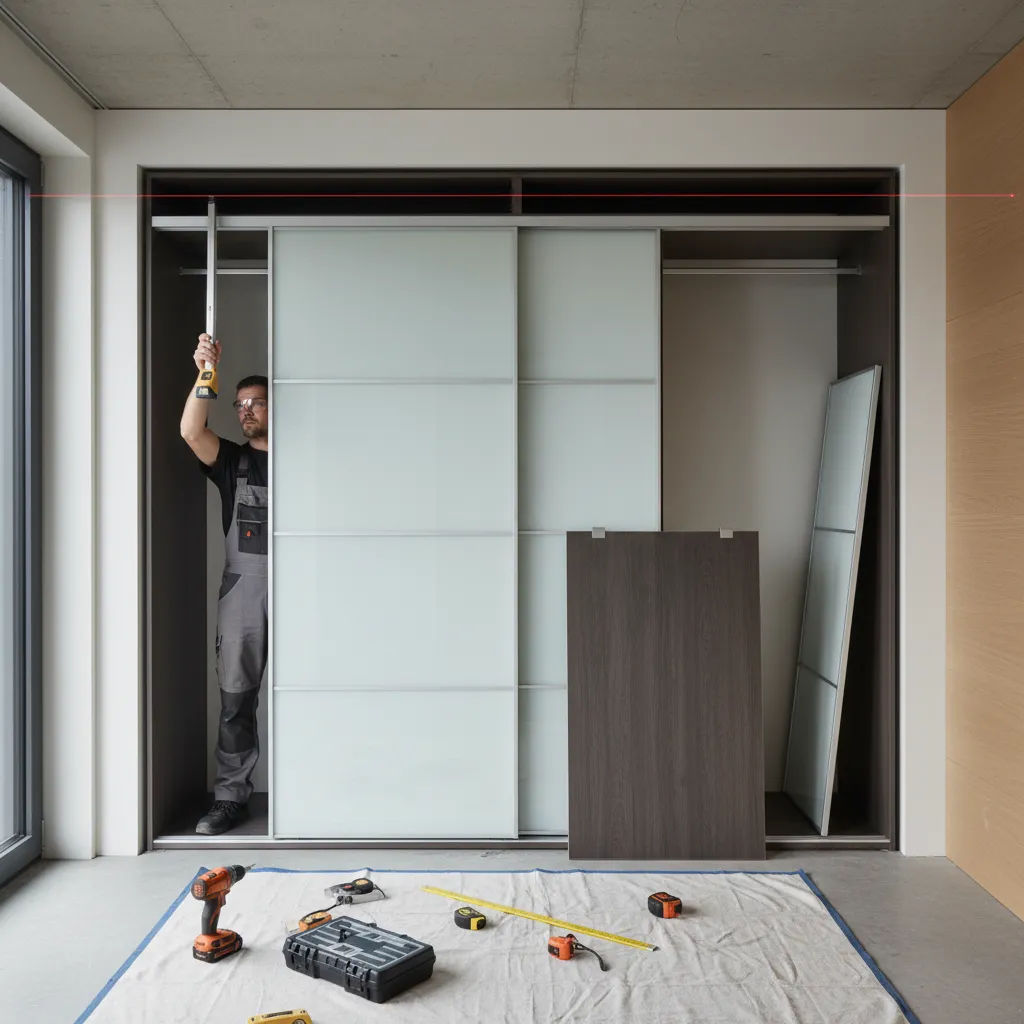 Installer aligning sliding door track with level during wardrobe installation