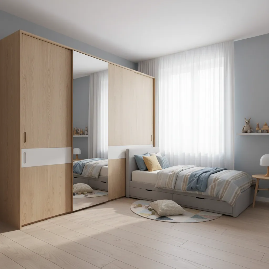 Kids wardrobe with sliding doors in a small bedroom