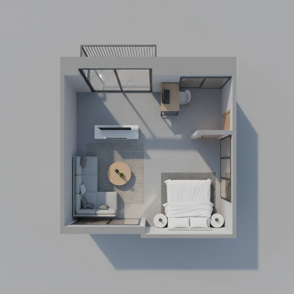 layout illustration showing sliding door clearance in small room