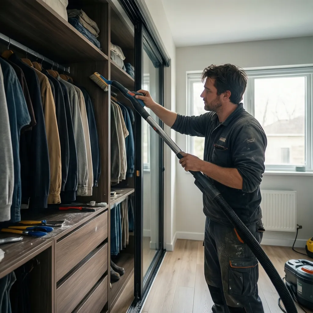 Cleaning and maintaining sliding door track in wardrobe system