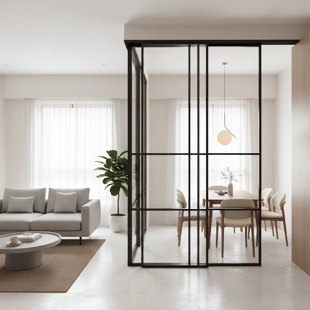 Modern sliding glass partition between living room and dining space in a compact apartment
