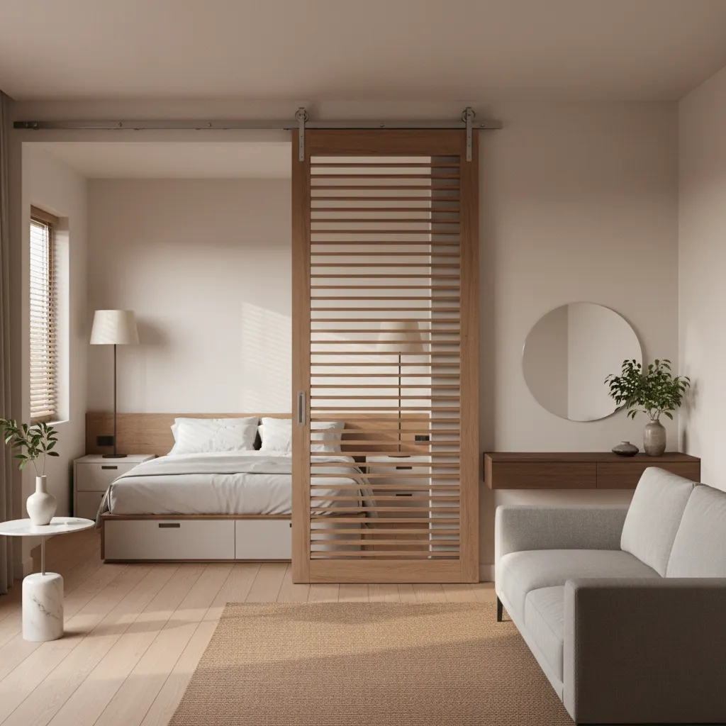 modern sliding door shutter separating bedroom and living area