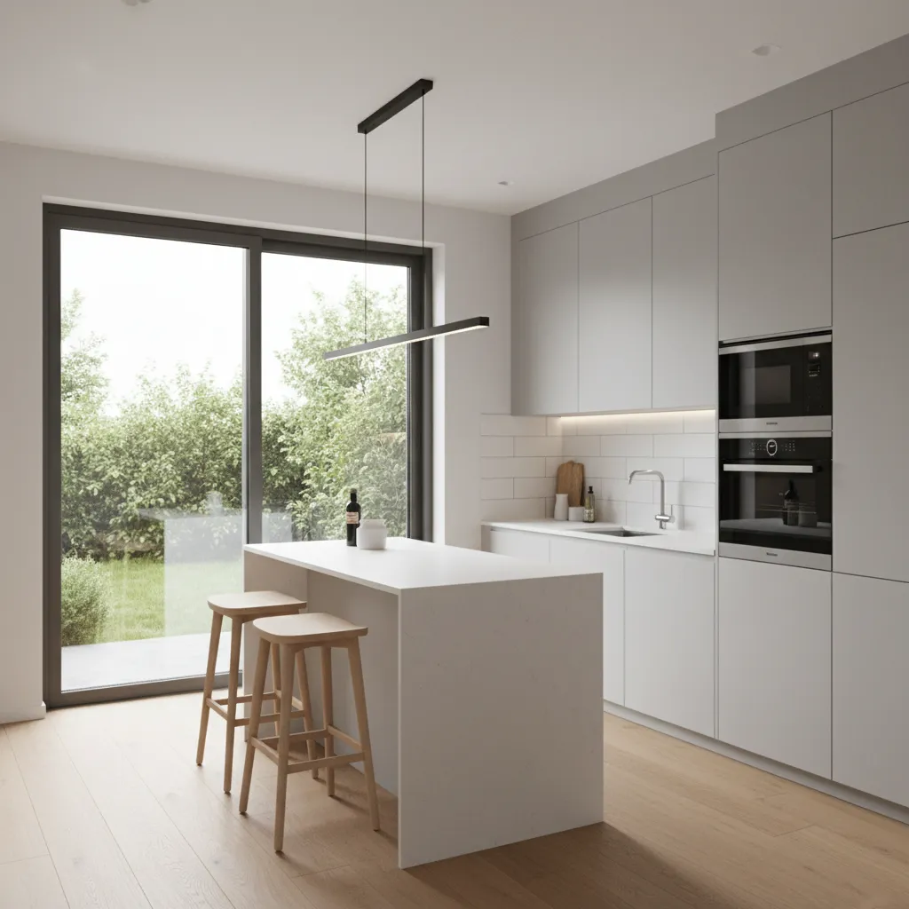 Compact kitchen layout featuring sliding patio door for space saving design