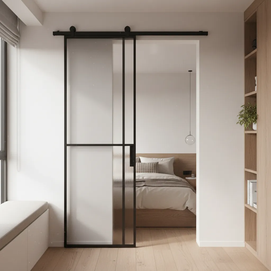 Modern sliding door system saving space in a small room