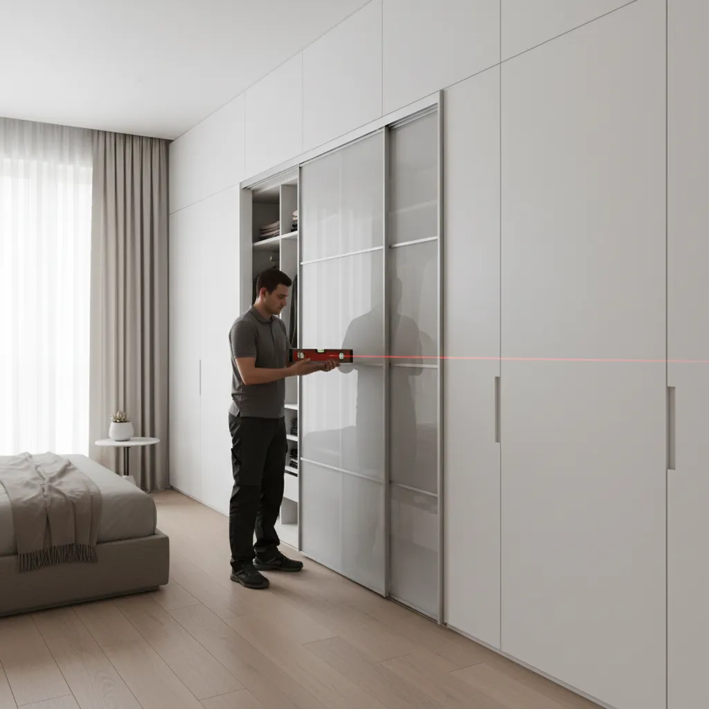 Checking alignment of sliding wardrobe door track with level tool